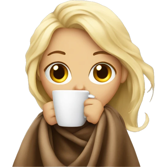 Blonde girl wrapped in big blanket drinking coffee emoji