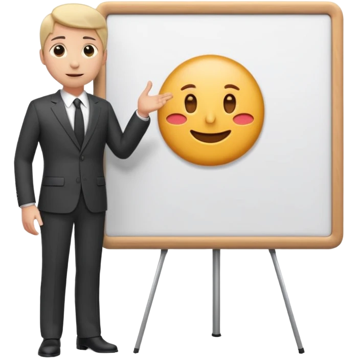 A clean emoji-style illustration of a person giving a presentation, standing next to a large presentation board on a stand, board is white and there is nothing on it, the board is oversized and clearly visible, no podium, no desk, no table, friendly proportions, soft 3D emoji style emoji