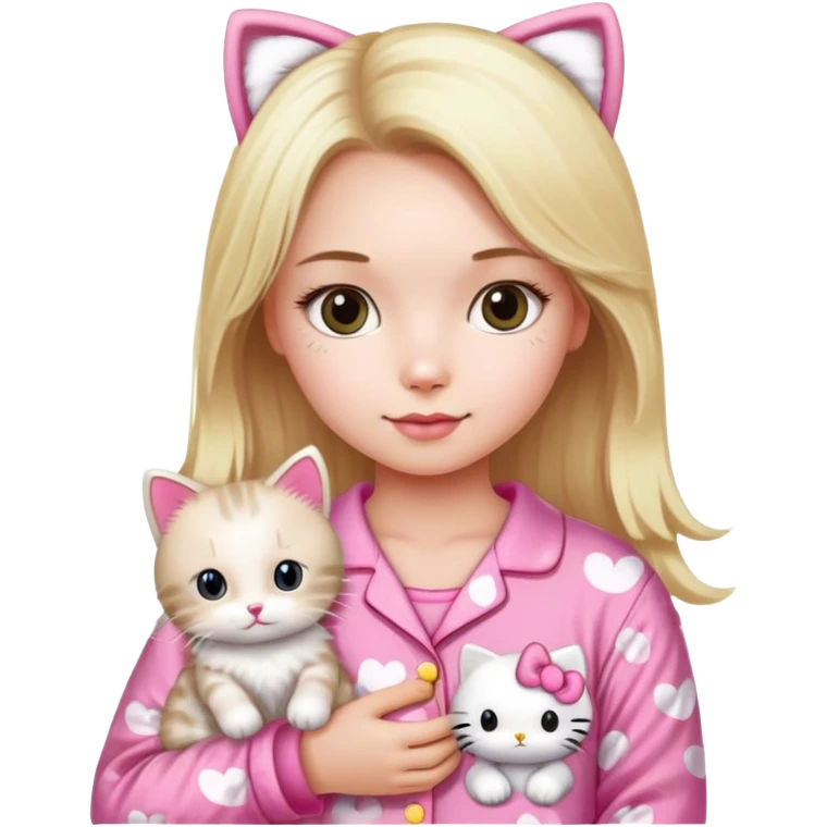 Blonde girl wearing pink Hello Kitty pajamas with two ragdoll cats emoji