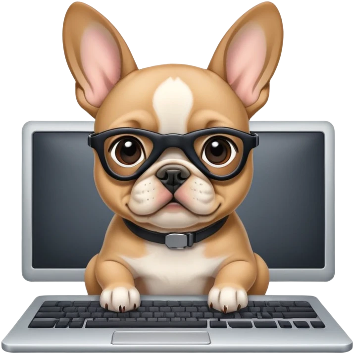 Fawn Frenchie with black muzzle working behind computer emoji
