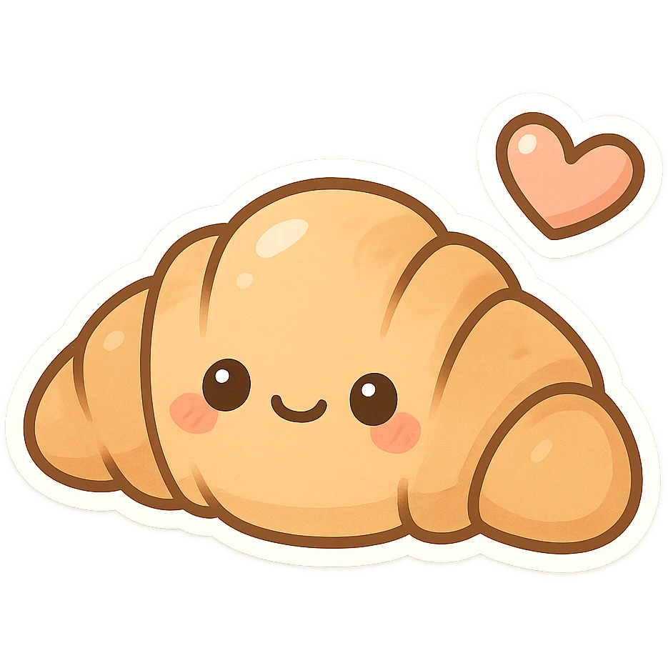 chibi sticker-style croissant with a heart accent, cute and exaggerated emoji