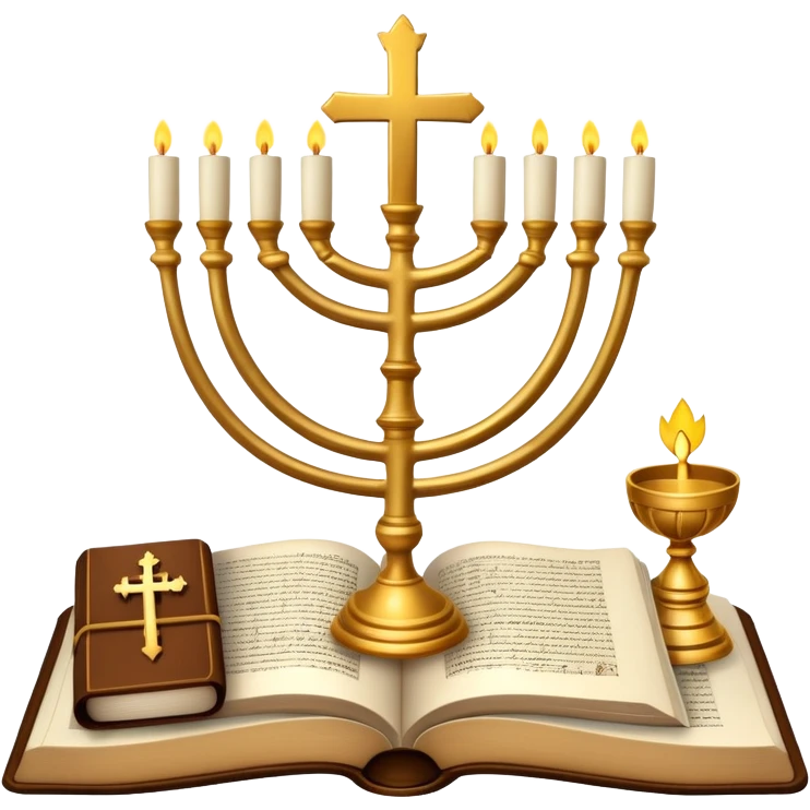 An icon featuring a Torah scroll, Menorah, Bible, Orthodox cross, Quran, and a Buddha statue, symbolizing the study of religions. The design includes diverse religious symbols arranged harmoniously, representing global faiths and spiritual practices. Transparent background emoji