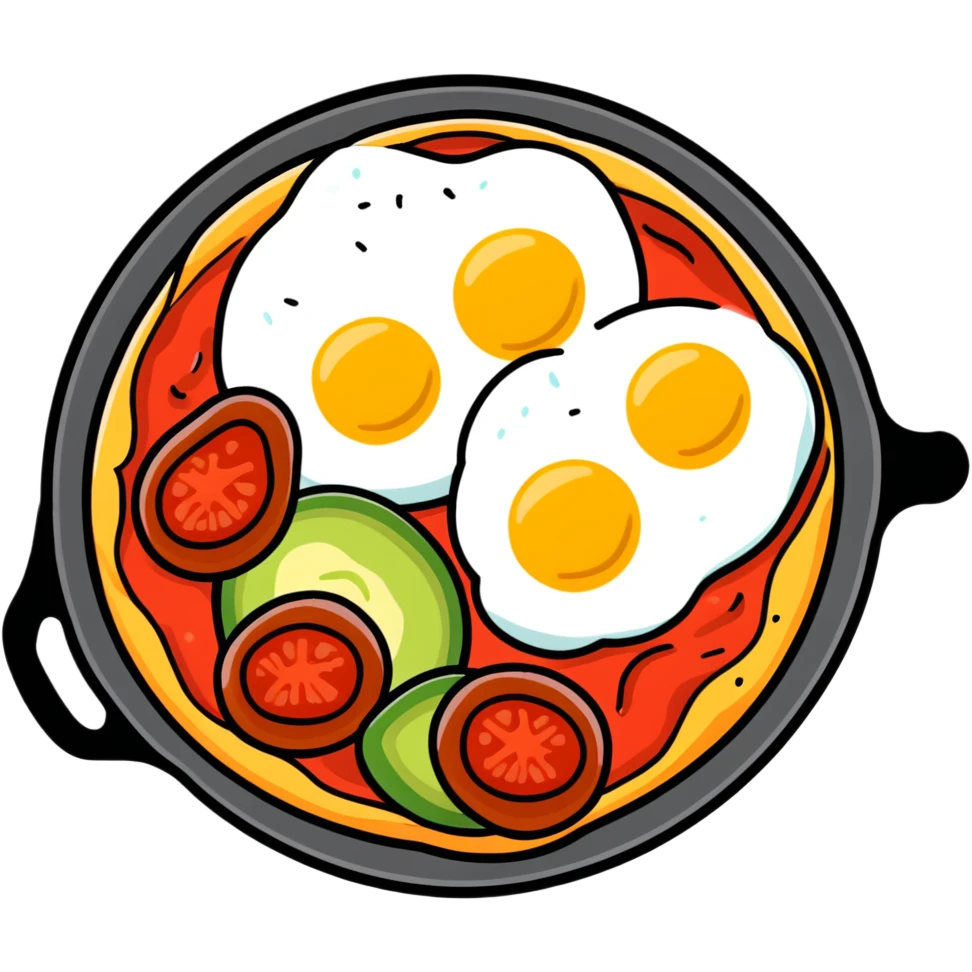 A delicious breakfast skillet with pizza cheese, tomato sauce, pepperoni, sliced avocado, and a sunny side up egg emoji