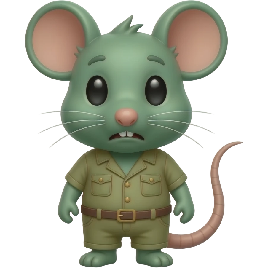A little green mouse shaped like a little human, dressed all in khaki green, looking at us with a nauseating expression for food. emoji