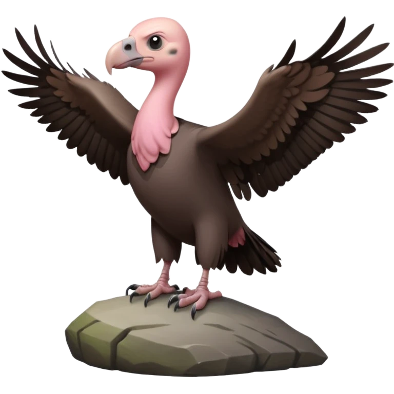 a vulture — large bird with dark brown feathers, bald pinkish head, curved beak and sharp eyes — standing proudly on a rock — wings slightly open — realistic yet cute cartoon emoji look, clean lighting, soft shadows. emoji