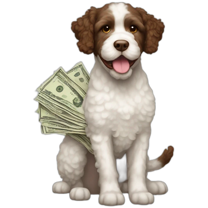A Lagotto Romagnolo holding bills emoji