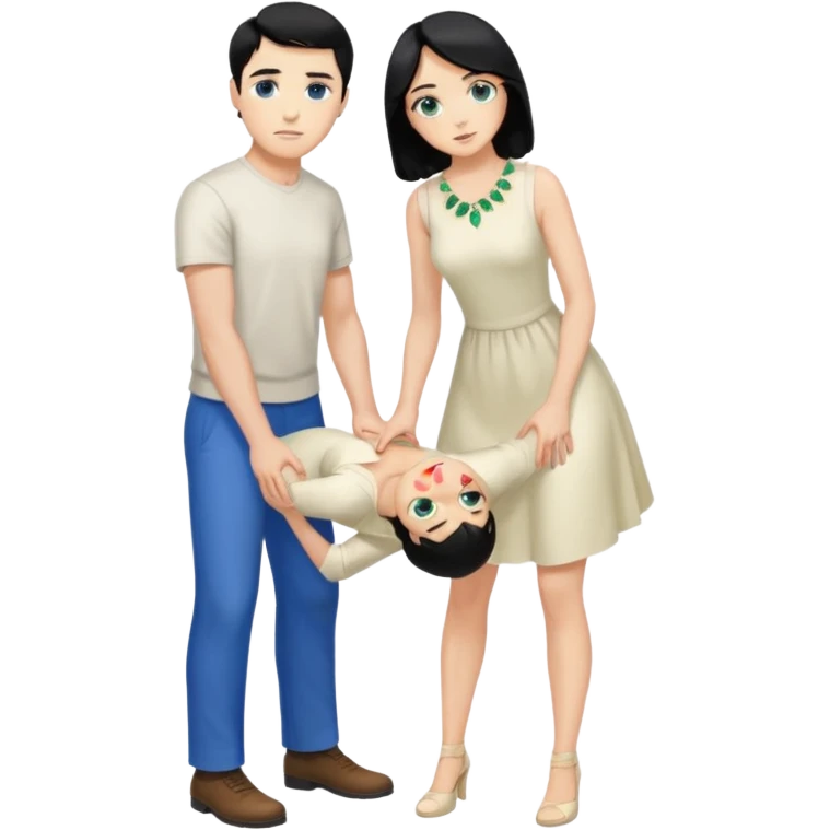 King, man, standing, black Hair, blue eyes, whole body, Woman, bending knees, blonde, green eyes, White Dress, emoji