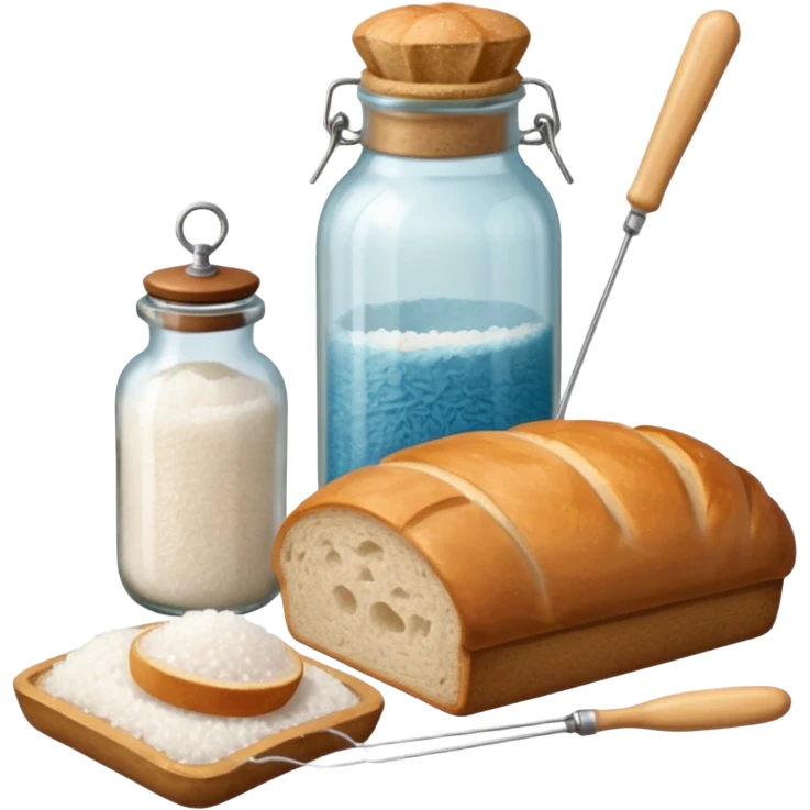  a one victorian bottle of salt and a loaf of bread - a bread bag, crochet needles and a ball of wool emoji