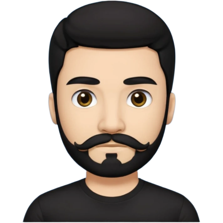 Man, hispanic skin, black hair, black beard, black mustache black eyes black t shirt, small nose, long emo hair emoji
