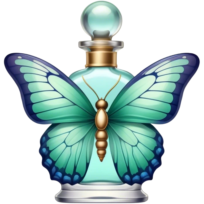 A delicate butterfly with pastel green and blue wings resting on a vintage glass perfume bottle with golden details. emoji