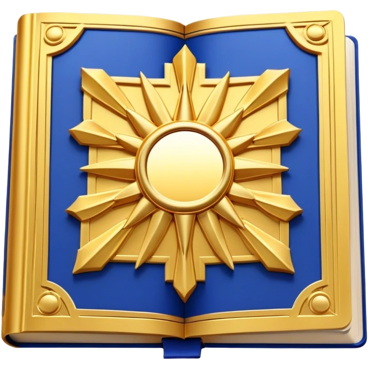 A golden yellow book with royal blue accents, smooth and polished, embossed with a symbol of six pillars, a sun, or a glowing mirror, radiating strength, confidence, and the power of self-worth.  emoji