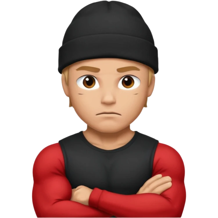 Muscular hero in black beanie, serious expression, folded arms.



































 emoji