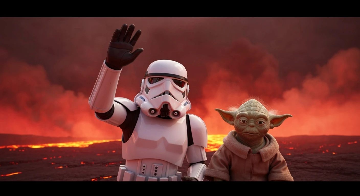 Cinematic still, selfie camera, Starwars stormtroopers vlogging , he is walking on lava planet with yoda emoji
