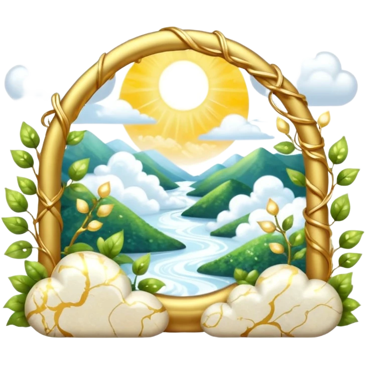 White and glittery gold with marble stones, vines, divine, heavenly, spiritual, pure, glowing, cute clouds, sunshine, sparkly, beautiful, elegant, luxurious, pretty, aesthetic scenery scene picture   emoji