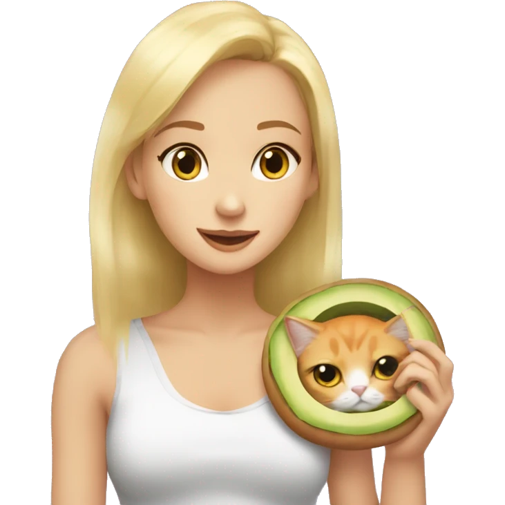 Blonde girl with grey eyes eating an avocado bagel with her orange-white cat on her sholder emoji