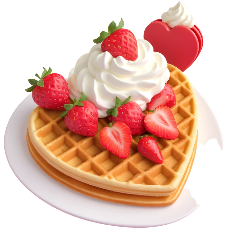heart-shaped waffle with strawberries and whipped cream, sweet and colorful emoji