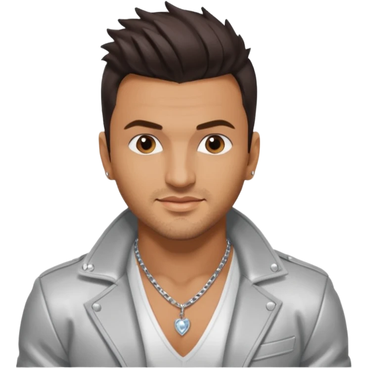 Peter Andre with dark brown hair, shirtless with necklace, silver jacket emoji