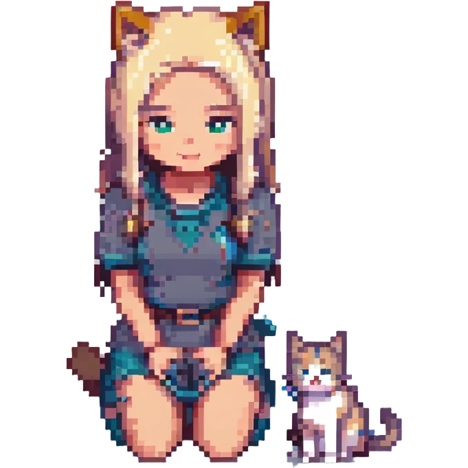 Replace the girl with the one in the reference image, keeping the pose: girl kneeling beside a gray and blonde mixed cat, pixel art style, with no background. emoji