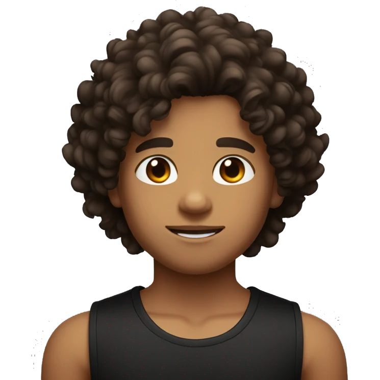 Boy with gradient hair on the sides and curly hair on top, dark brown eyes, wearing black tank top emoji
