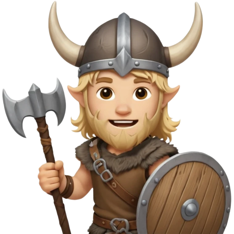 A young Viking warrior with messy hair, wooden shield, and fierce excited grin with horned helmet emoji