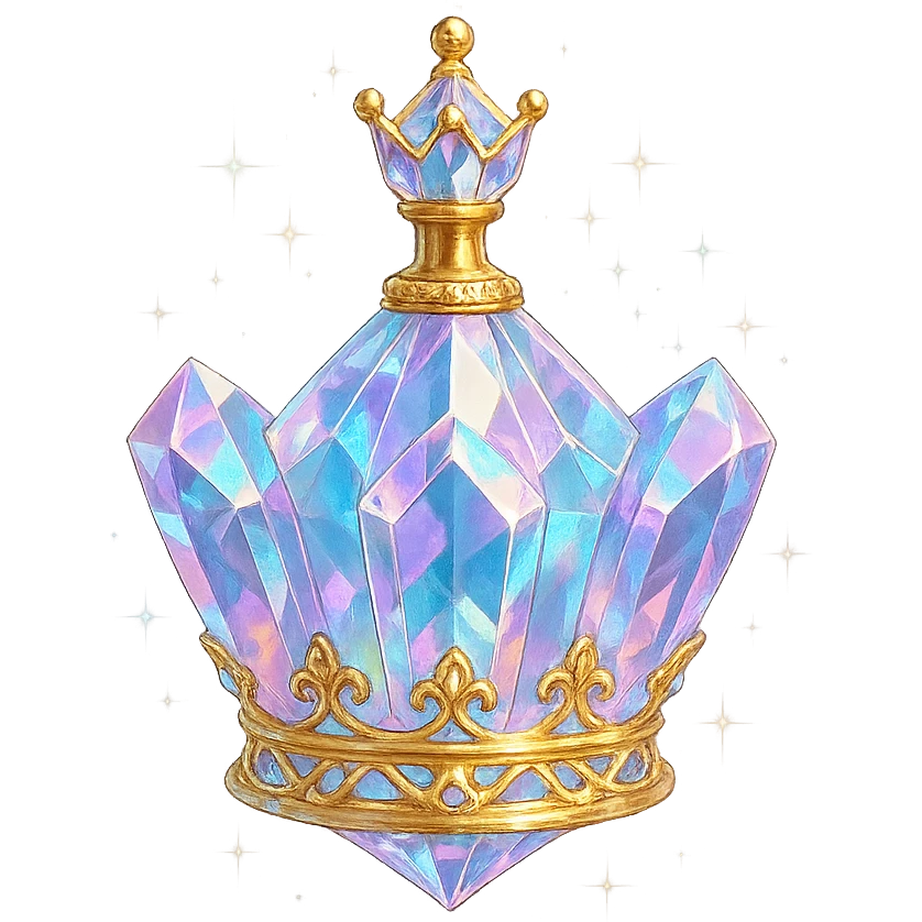 luxurious crystal elixir bottle shaped like a crown, pastel color gradient, lots of shine, facets, ornaments, golden details, magical effects, very small golden neck, transparent background, beautiful connected base, clearly floating in the air, no base or shadow, premium class impression, interesting design, fits a collection of crystal, luxurious, magical bottles emoji