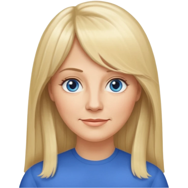45 yr old white woman, curtain bangs, very long straight blond hair, oval face, small smile, blue eyes, thin face, hair down to elbows emoji