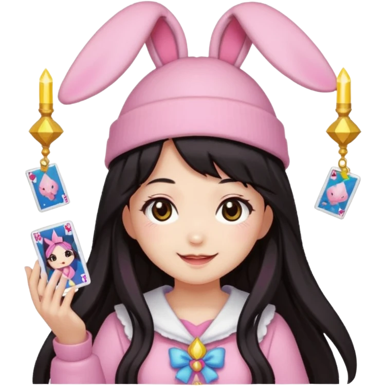 pixel art chibi gear asian girl with dark long hair in pink bunny ears hat magical girl with kawaii tarot cards thrown in air pixel emoji emoji