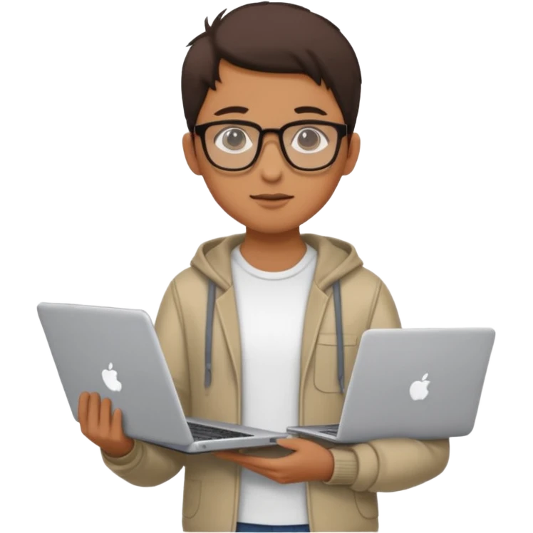 un estudiante que este parado con sus lentes y su laptop emoji