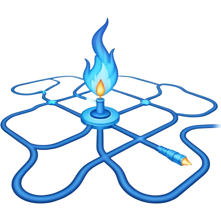 a map with a glowing blue flame on the x and networking paths emoji