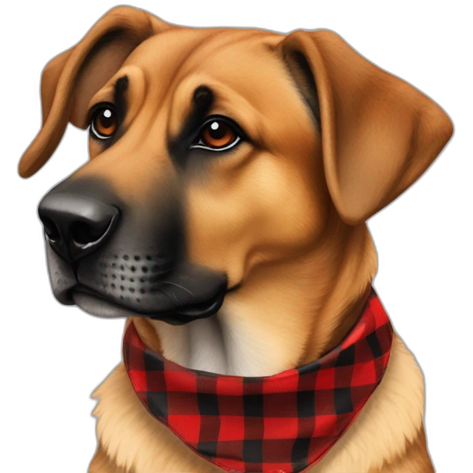 75% Coonhound 25% German Shepherd mix dog wearing small pointed red buffalo plaid bandana side view full body facing left emoji