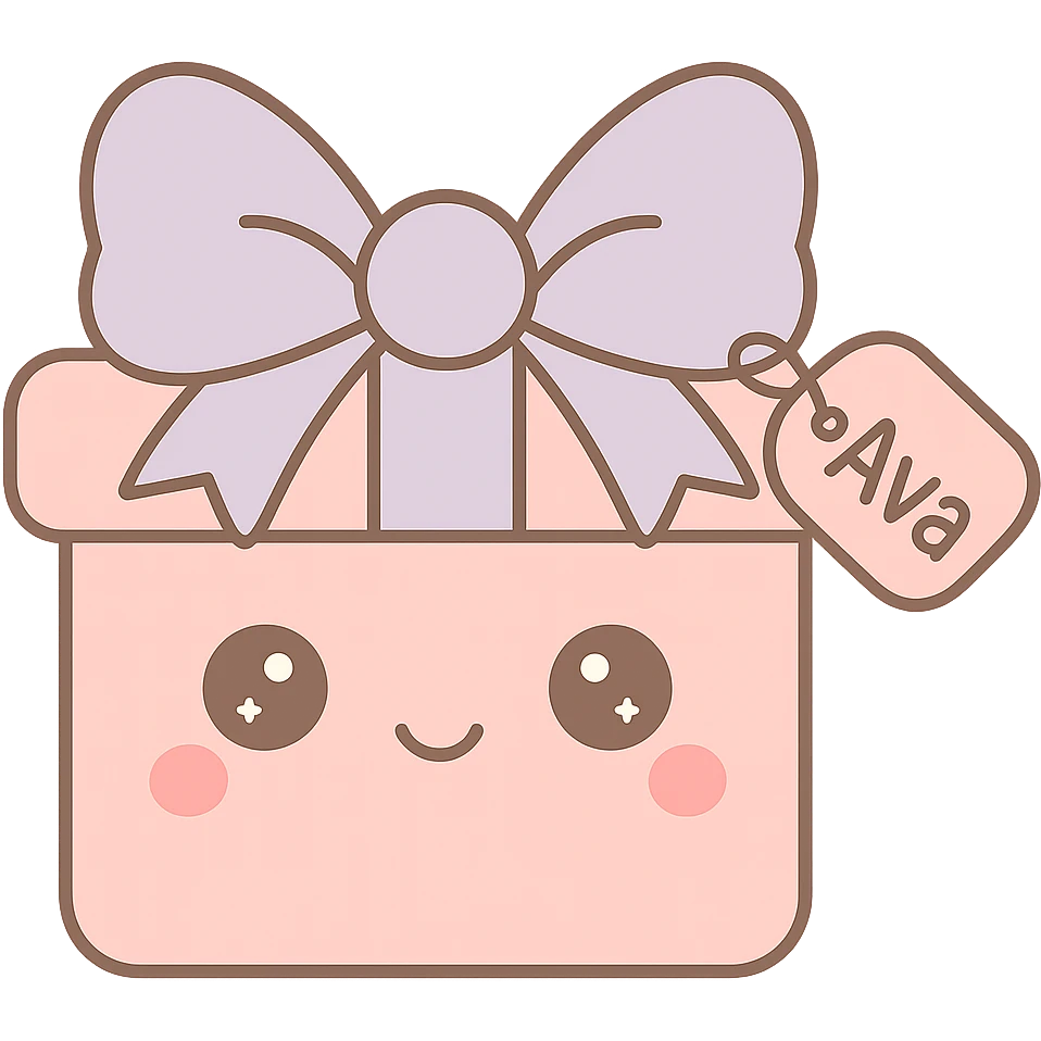 Add the name 'Ava' to the heart-shaped gift tag in the same kawaii style, with no background. emoji