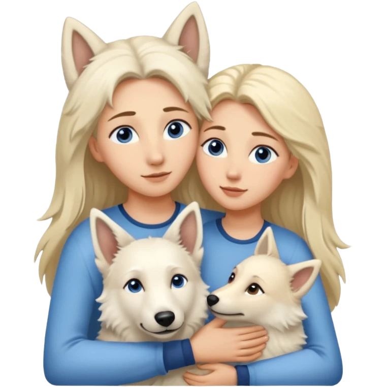 One White Shepard, short fur ,Brown eyes .the Dog ist huggin from one Long-haired blonde lady with blue eyes emoji