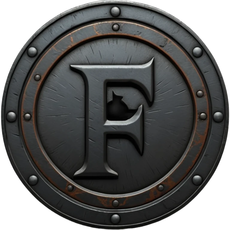Minimal emoji, gothic metal coin made of black steel, engraved number f at the center, ancient industrial aesthetic, worn metal texture, no glow, no neon, flat emoji design, centered, transparent background emoji