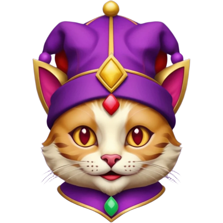 crazy colorful cute little cat jolly joker from poker, medieval, vintage, court jester, mac os icon, purple, gold and red color, head + torso. Squared shape as 3D mac os icon, symmetrical emoji
