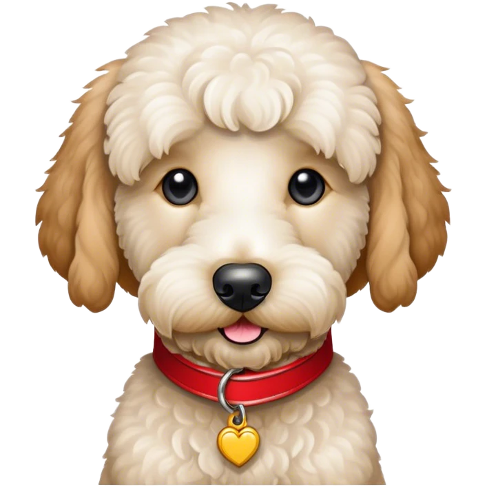 White goldendoodle with a red collar emoji