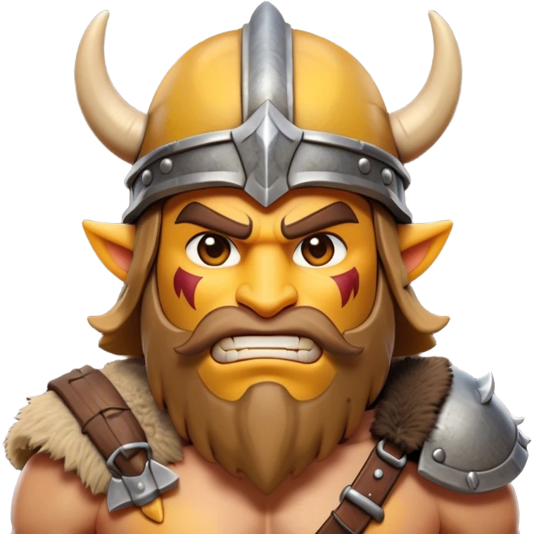 Clash of Clans aesthetic friendly Barbarian Portrait Emoji, Poised and bold with a rugged yet cartoonish build in tattered furs and a horned helmet, his face rendered in a natural skin tone (not yellow), expressive bright eyes and a confident smirk, Simplified yet dynamic features, highly detailed, glowing with a vivid, adventurous aura, high shine, heroic and spirited, stylized with an air of medieval warrior charm, focused and energetic, soft glowing outline, capturing the essence of a fearless barbarian adventurer ready to lead his clan with spirited valor! emoji