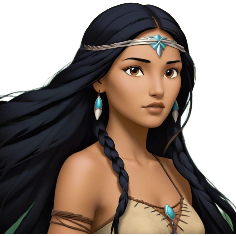 Cinematic Realistic Pocahontas Portrait, depicted with lifelike skin texture, soft natural lighting, and intricately detailed long, flowing raven-black hair that moves gracefully in the wind. Her deep, soulful dark brown eyes exude wisdom and strength, complemented by a serene yet powerful expression. She is shown gently holding a feather in one hand, her other hand resting lightly at her side, embodying the harmonious balance between nature and herself. She is dressed in her classic one-shoulder native American dress, with rich fabric textures and delicate beaded details that catch the light beautifully. The portrait features a soft, sun-kissed glow with a natural, radiant finish, capturing the essence of untamed beauty and deep connection to nature in a realistic and painterly style, evoking a sense of depth and authenticity. emoji