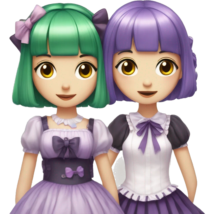 green haired girl with bang wears lolita dress and hugs girl with short purple hair emoji