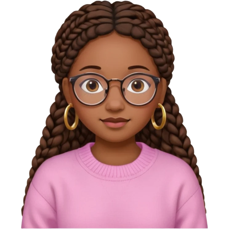 cute  black adult girl with glasses and braids that are long which are brown, and some blush on her cheeks , in a pink sweater and some gold hoop earings . emoji
