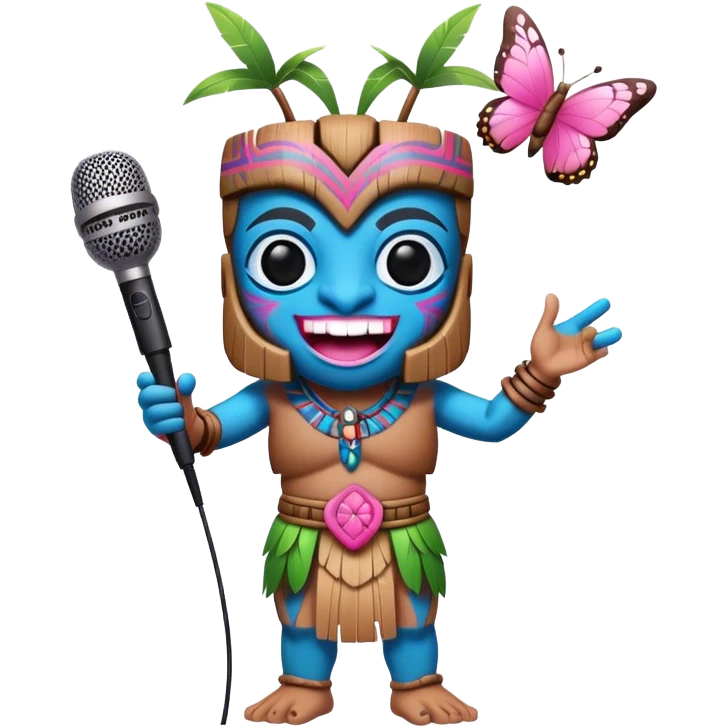 Cartoon Blue and pink tiki dancing with butterfly and mikrophone emoji