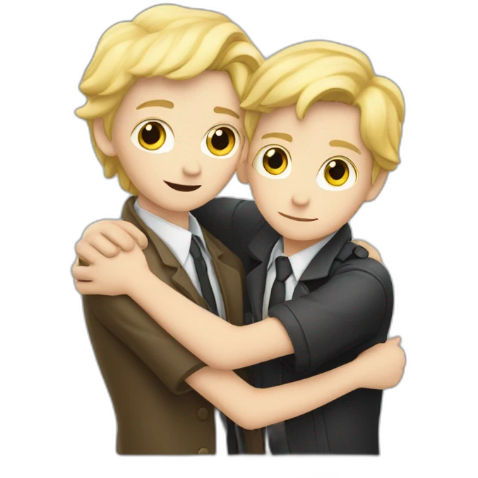 Two Boy detectives hug one blond with white skin and one African  black emoji