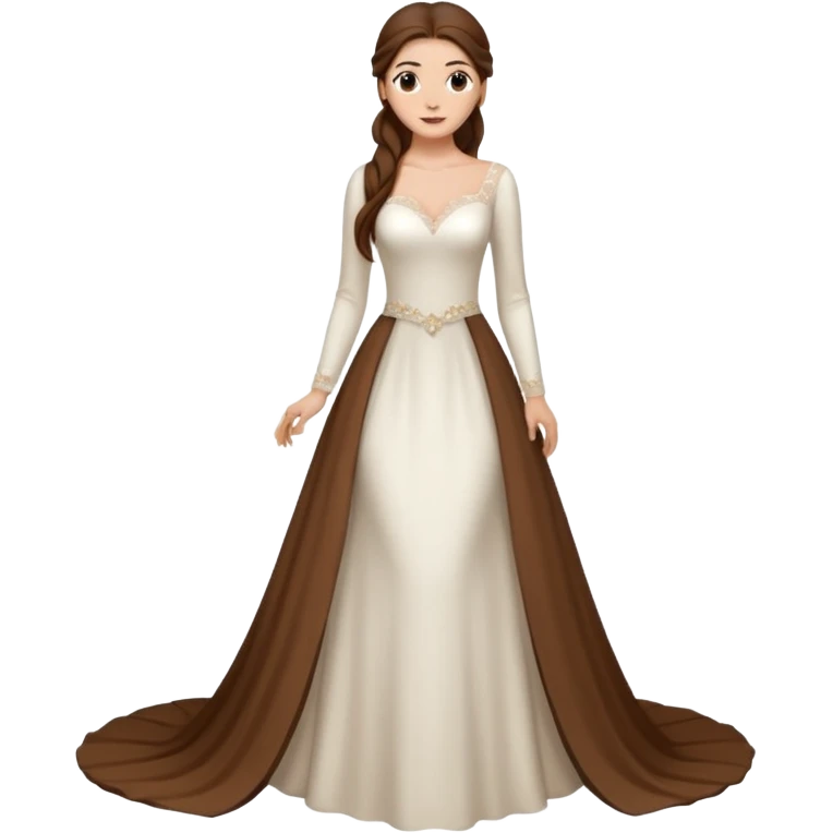 Chica blanca ,ojos marrones, vesti novia sexy manga largo,  cuerpo entero ,pelo muy largo castaño y recogido  cola larga emoji