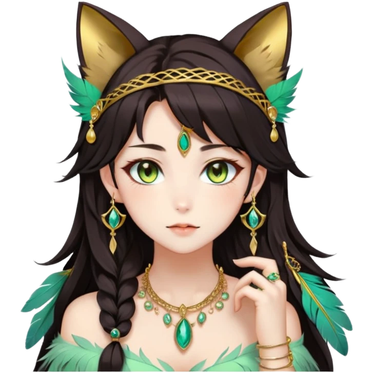 Beautiful gorgeous anime lady with beautiful dark-brown-special-hair, fashion aesthetic, ethereal, feather, accessories, gold jewelries, gold, colorful, feline ears, hazel-green eyes emoji