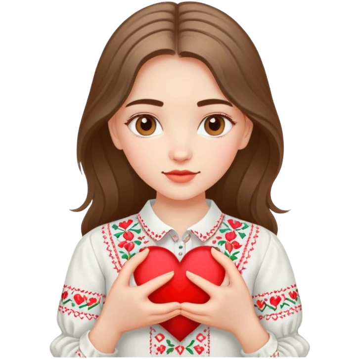 Beautiful young girl in a white Ukrainian embroidered shirt holds a large embroidered heart in her hands emoji