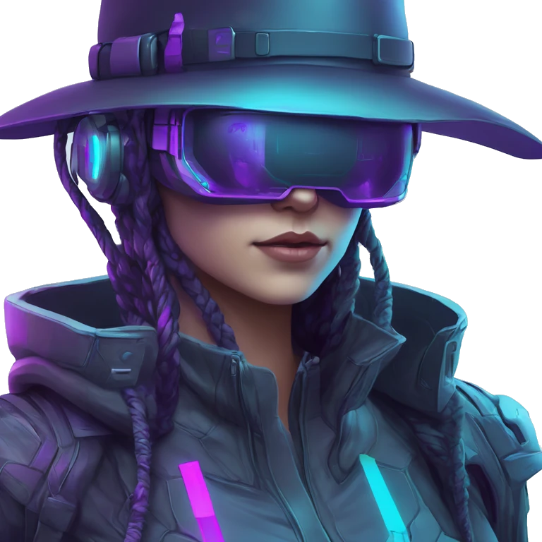 Secret human agent in a hat with  cyberpunk elements in VR googles scanning looking reviewing multicolor lines of code, cyan and purple colors, only upper body portrait emoji