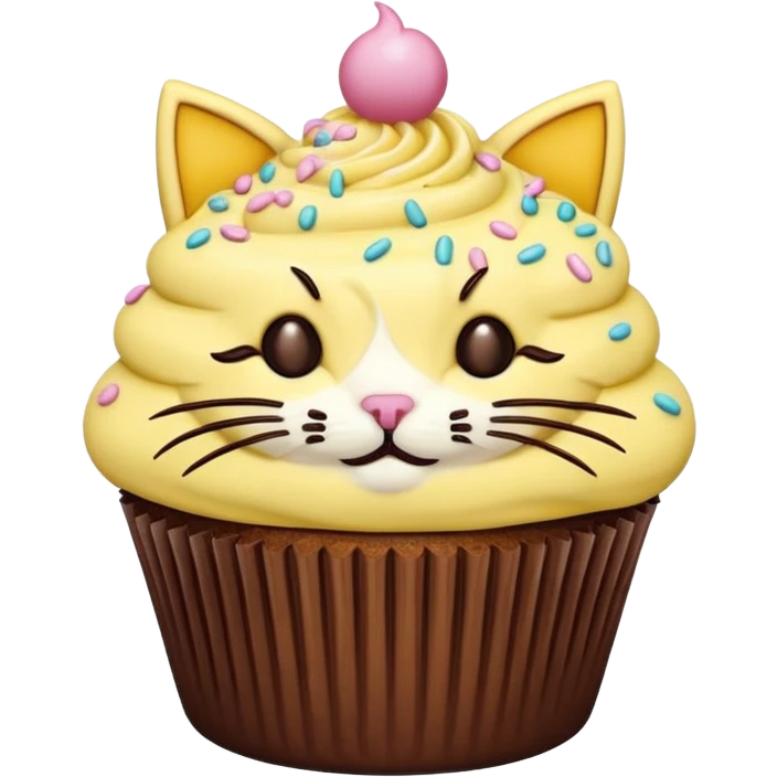 cupcake with pastel yellow frosting decorated to look like a cat face emoji