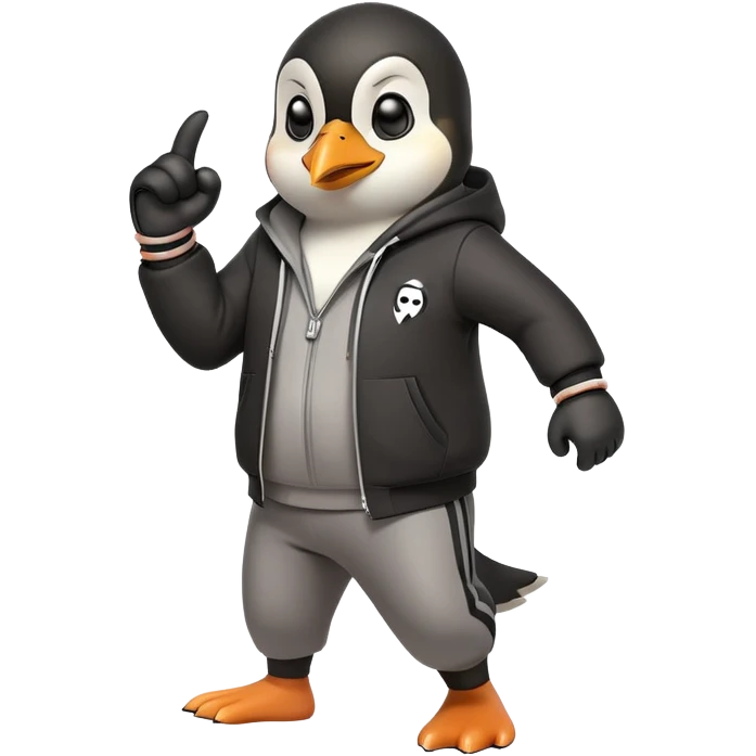 friendly anthropomorphised penguin wearing a mafia-style tracksuit, secretive scheming pose, soprano vibe, angry expression, running with a determined sprint, holding a knuckle duster emoji