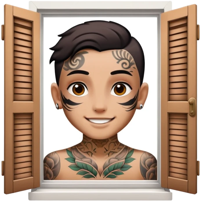 person with face tattoo looking out of window open shattershappy emoji