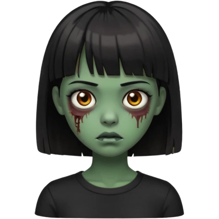 Zombie girl emoji verde escuro com cabelo curto liso preto no ombro e franja na altura da sobrancelha cobrindo completamente a testa, com uma blusa preta, olhos castanhos escuros emoji