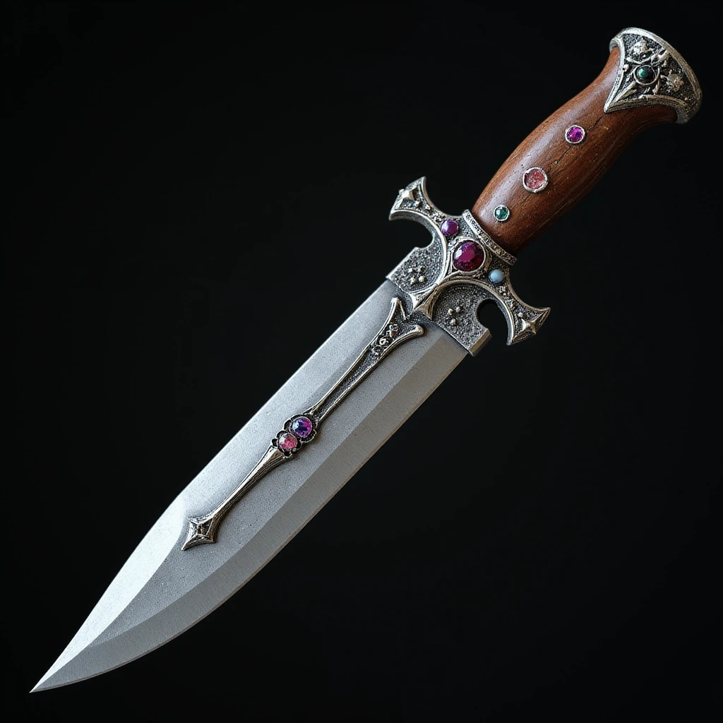 realistic gothic knife, with gemstone accents, photorealistic style, no background emoji